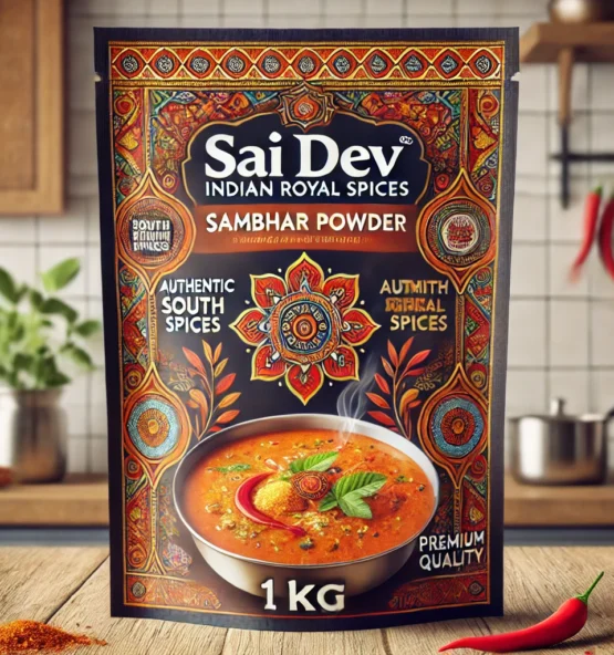 Sai Dev Brand Indian Royal Spices – Premium Sambhar Powder (1kg)✅ Authentic South Indian Spice Blend – Aromatic & Flavorful ✅ Expertly Blended – A Perfect Balance of Lentil, Tamarind & Spices ✅ Sourced from India’s Finest Farms – Processed to Global Standards