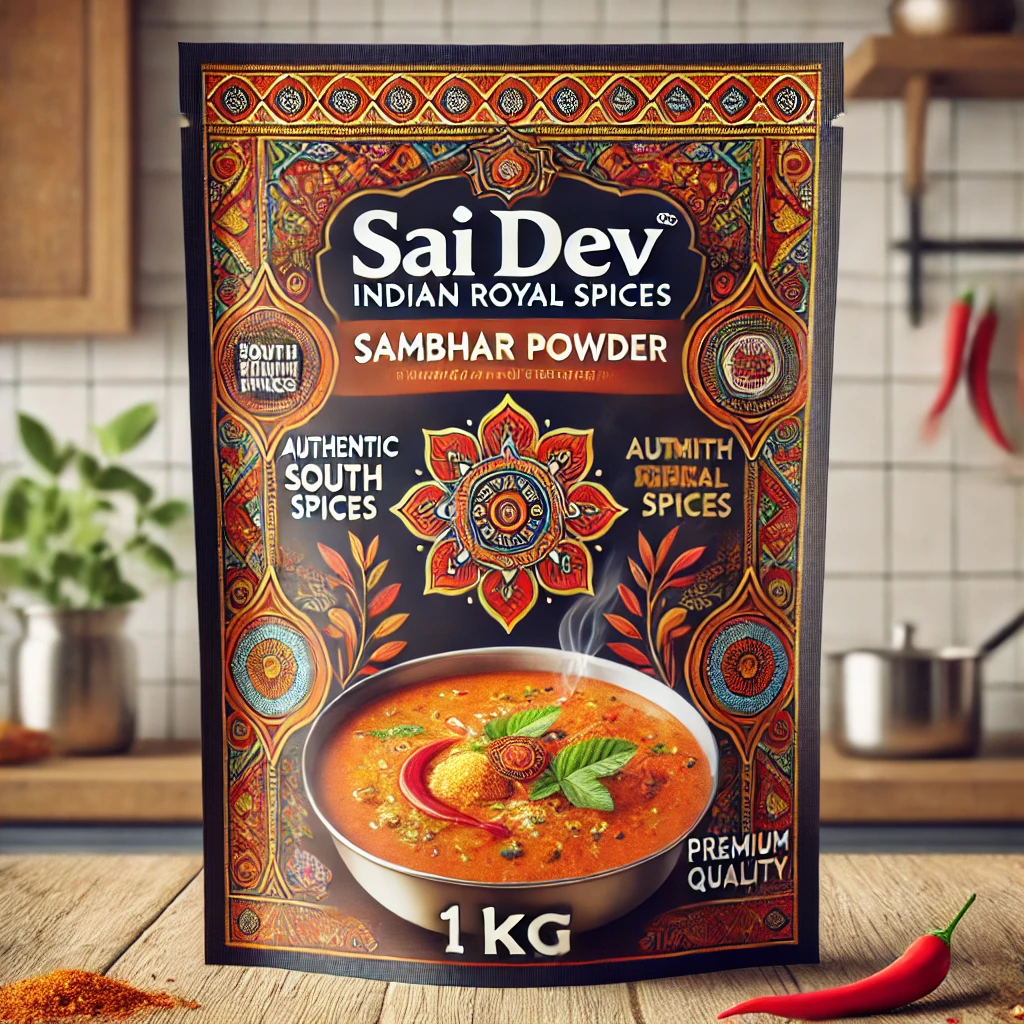 Sai Dev Brand Indian Royal Spices – Premium Sambhar Powder (1kg)✅ Authentic South Indian Spice Blend – Aromatic & Flavorful✅ Expertly Blended – A Perfect Balance of Lentil, Tamarind & Spices ✅ Sourced from India’s Finest Farms – Processed to Global Standards