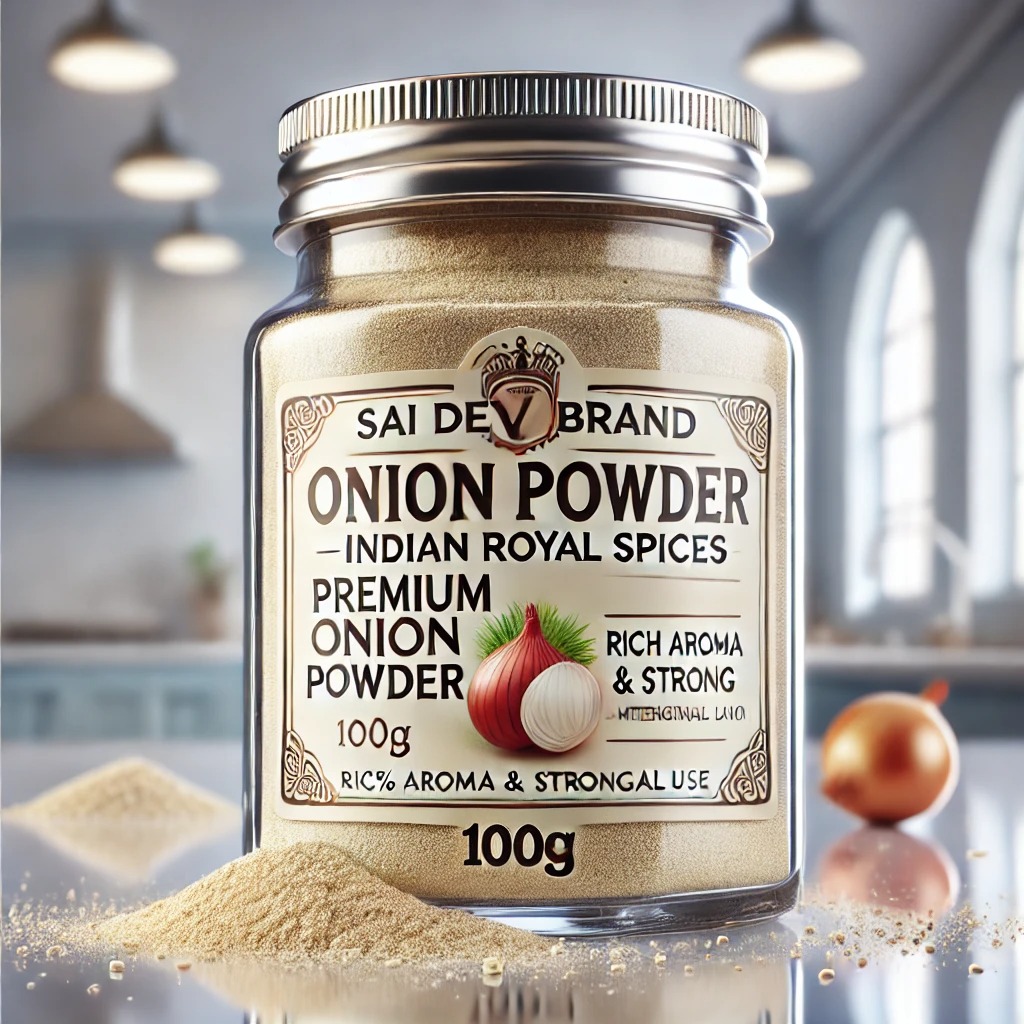 Sai Dev Brand Indian Royal Spices – Premium Onion Powder (100g) ✅ 100% Pure & Natural Onion Powder – Rich in Aroma & Flavor ✅ Finely Ground & Dehydrated – Ideal for Culinary & Industrial Use ✅ Sourced from India’s Finest Onion Farms – Processed to Global Standards