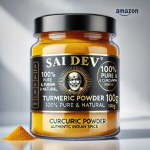 Sai Dev Brand Indian Royal Spices – Premium Turmeric Powder (100g)Experience the true essence of India with our Premium Turmeric Powder from Sai Dev Brand Indian Royal Spices. Our Turmeric Powder is carefully sourced from the finest farms in India and processed using traditional methods, combined with modern quality controls. This 100g pack delivers a vibrant yellow color, robust aroma, and exceptional purity—ideal for adding authentic flavor and color to both traditional Indian recipes and modern culinary creations. 