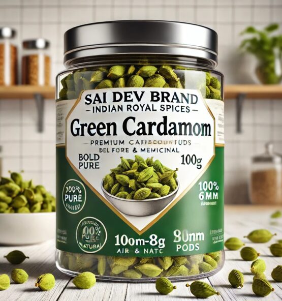 Sai Dev Brand Indian Royal Spices – Premium Green Cardamom (Elaichi) 100g ✅ 100% Pure & Natural Green Cardamom – Bold Size, High Oil Content ✅ Sweet, Aromatic, & Flavorful – Enhances Taste & Fragrance ✅ Sourced from the Best Farms in India – Processed to Global Standards