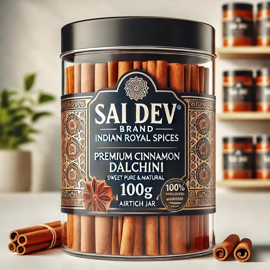 Sai Dev Brand Indian Royal Spices – Premium Cinnamon (Dalchini) 100g ✅ 100% Pure & Natural Cinnamon – Available as Sticks & Ground Powder ✅ Sweet, Warm & Aromatic Flavor – Used in Global Cuisines & Ayurveda ✅ Sourced from India’s Finest Spice Farms – Processed to Global Standards