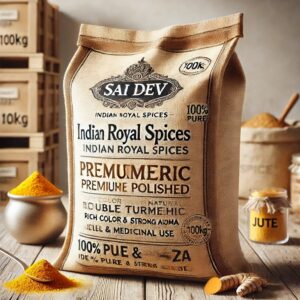 Sai Dev Brand Indian Royal Spices – Premium Turmeric (Double Polished) 100kg✅ 100% Pure & Natural Turmeric – Double Polished for Premium Quality
✅ Vibrant Golden-Yellow Color – Essential in Global Cuisine & Ayurveda
✅ Sourced from India’s Finest Turmeric Farms – Processed to Global Standards

