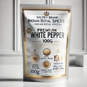  Sai Dev Brand Indian Royal Spices – Premium White Pepper (100g Pack) ✅ 100% Pure & Natural White Pepper – Premium Quality Alternative to Black Pepper ✅ Milder, Earthy, & Slightly Fermented Flavor – Ideal for Gourmet Dishes ✅ Sourced from India’s Finest Spice Farms – Processed to Global Standards 
