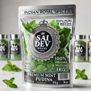Sai Dev Brand Indian Royal Spices – Premium Mint (Pudina) 100g ✅ 100% Pure & Natural Mint – Refreshing Aroma & Cool Flavor ✅ Sun-Dried & Handpicked – Ideal for Culinary & Medicinal Use ✅ Sourced from India’s Finest Mint Farms – Processed to Global Standards