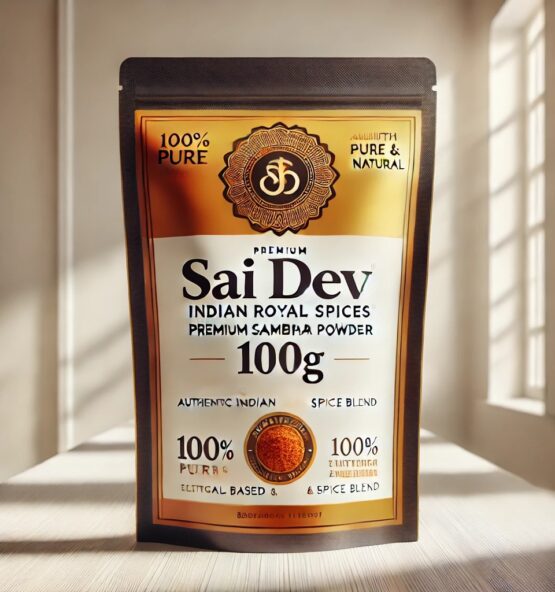 Sai Dev Brand Indian Royal Spices – Premium Sambhar Powder (100g) ✅ Authentic South Indian Spice Blend – Aromatic & Flavorful ✅ Expertly Blended – A Perfect Balance of Lentil, Tamarind & Spices ✅ Sourced from India’s Finest Farms – Processed to Global Standards