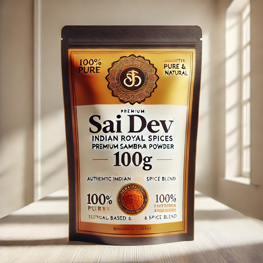 Sai Dev Brand Indian Royal Spices – Premium Sambhar Powder (100g) ✅ Authentic South Indian Spice Blend – Aromatic & Flavorful ✅ Expertly Blended – A Perfect Balance of Lentil, Tamarind & Spices ✅ Sourced from India’s Finest Farms – Processed to Global Standards