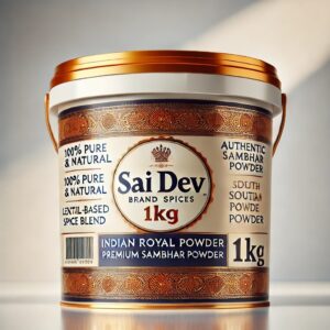 Sai Dev Brand Indian Royal Spices – Premium Sambhar Powder 1kg Bucket-Style Container ✅ Authentic South Indian Spice Blend – Aromatic & Flavorful ✅ Expertly Blended – A Perfect Balance of Lentil, Tamarind & Spices ✅ Sourced from India’s Finest Farms – Processed to Global Standards