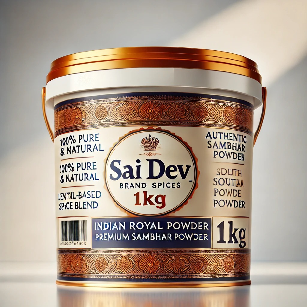 Sai Dev Brand Indian Royal Spices – Premium Sambhar Powder 1kg Bucket-Style Container ✅ Authentic South Indian Spice Blend – Aromatic & Flavorful ✅ Expertly Blended – A Perfect Balance of Lentil, Tamarind & Spices ✅ Sourced from India’s Finest Farms – Processed to Global Standards