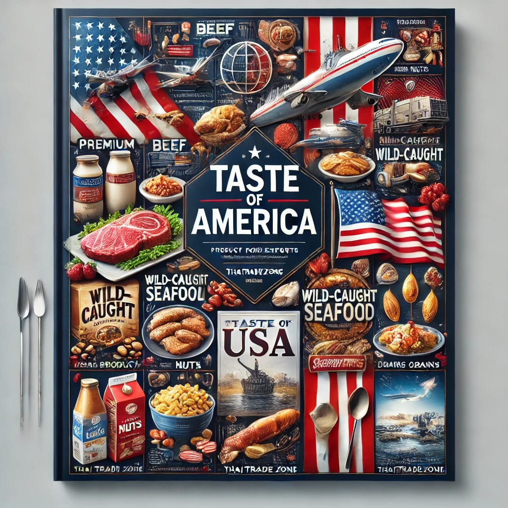Taste of America – Premium USA Food Exports Exclusive Brand by Thaitradezone.com 📌 Origin: United States 🇺🇸 📦 Export Categories: Grains, Meat, Seafood, Nuts, Dairy, Beverages, Snacks