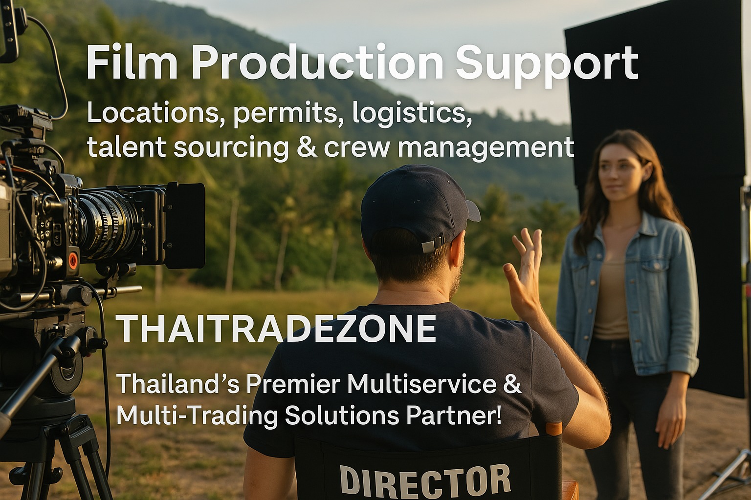Film director giving instructions on a set in Thailand with camera equipment and actress, showcasing Thaitradezone’s film production support services including locations, permits, logistics, talent sourcing, and crew management.