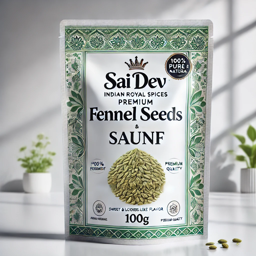 Sai Dev Brand Indian Royal Spices – Premium Fennel Seeds (Saunf) (100g) Sai Dev Brand Indian Royal Spices – Premium Fennel Seeds (Saunf) brings you the authentic flavor and aroma of high-quality fennel seeds, carefully sourced from India's leading spice-growing regions. Our 100g pack is designed for freshness, ideal for daily use in homes, restaurants, and spice businesses.