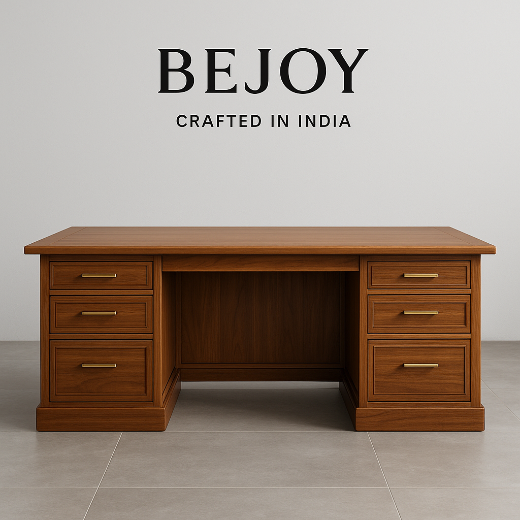 BeJoy Teak Executive Desk – Premium handcrafted teak wood desk featuring a sleek, modern design with elegant storage compartments, perfect for luxury offices, hotels, and resorts.