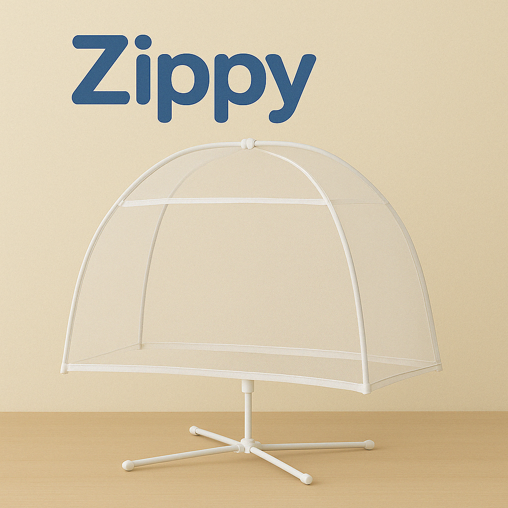 Zippy™ foldable baby mosquito net with stand over crib in white nursery