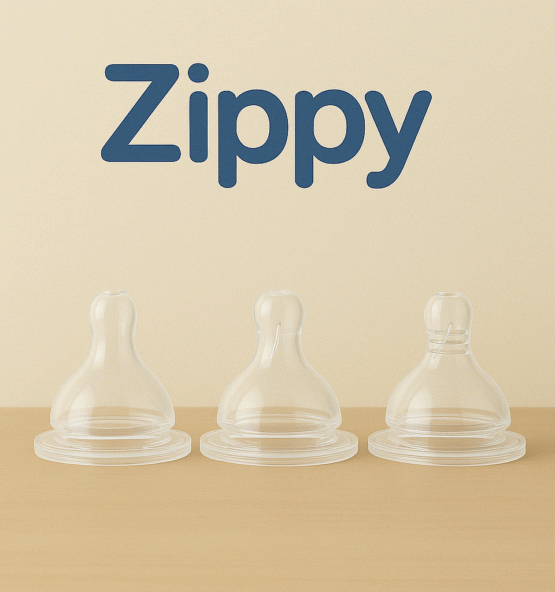 "Zippy™ Silicone Nipples for newborns, available in 0m+, 3m+, and variable flow options. Anti-colic, BPA-free, food-grade silicone, and export quality."