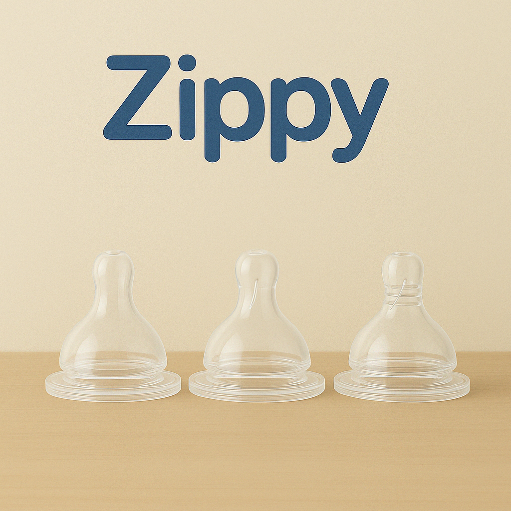 "Zippy™ Silicone Nipples for newborns, available in 0m+, 3m+, and variable flow options. Anti-colic, BPA-free, food-grade silicone, and export quality."