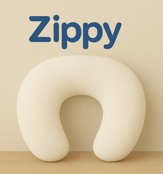 "Zippy™ Nursing Support Pillow, ergonomic design for breastfeeding comfort, hypoallergenic, soft, machine-washable cover, perfect support for moms and babies."
