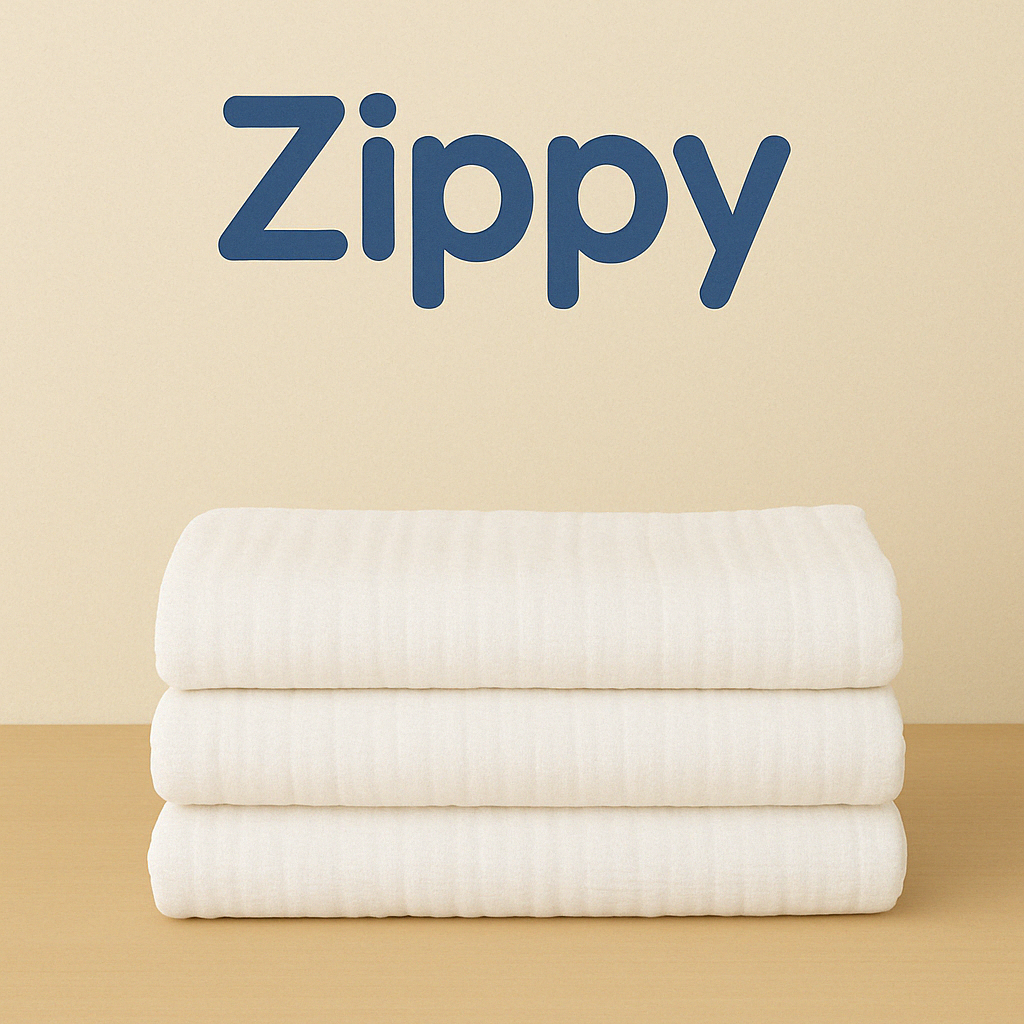 "Zippy soft muslin burp cloths in white and pastel colors, folded and stacked for newborn care"