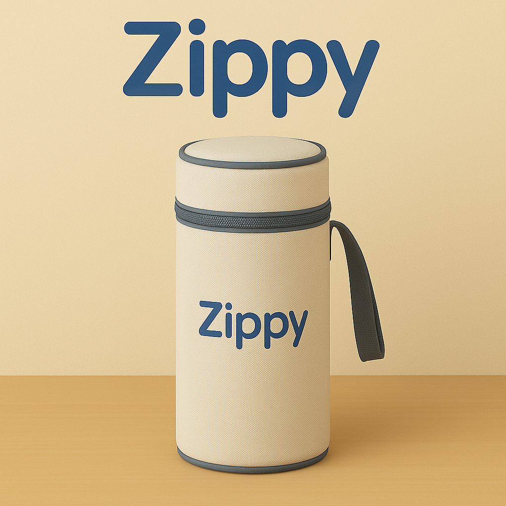 "Zippy™ Thermo Bottle Carrier – Insulated, leak-proof baby bottle holder with adjustable strap, shown in a compact, portable design for easy on-the-go use."