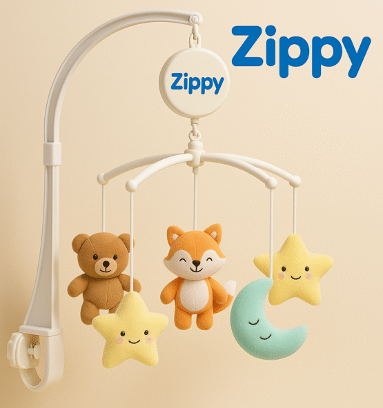 "Zippy™ Musical Crib Mobile with soft plush toys and soothing lullabies, perfect for newborns. Battery-operated, easy to attach to crib, and promotes peaceful sleep for babies."
