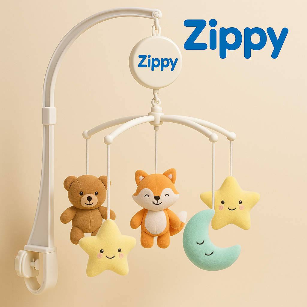 "Zippy™ Musical Crib Mobile with soft plush toys and soothing lullabies, perfect for newborns. Battery-operated, easy to attach to crib, and promotes peaceful sleep for babies."