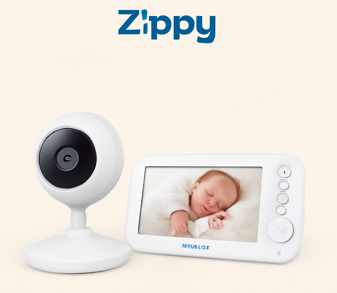Zippy™ Wireless Baby Monitor with HD video, wide-angle lens, and two-way audio, available in Wi-Fi and non-Wi-Fi versions, shown in white color on a nursery tabl