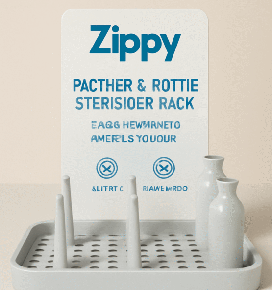 "Zippy™ Pacifier & Bottle Sterilizing Rack with eco-friendly, BPA-free design for hygienic storage of baby bottles and pacifiers. Adjustable and easy to assemble, perfect for newborn care."