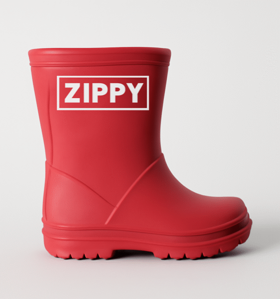 Colorful waterproof Zippy™ kids rain boots with non-slip soles on white background