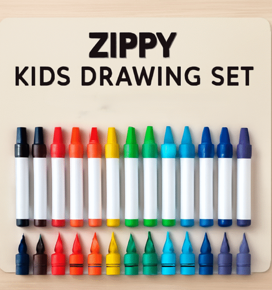 "Zippy™ Kids Drawing Set featuring non-toxic crayons and washable markers in vibrant colors, perfect for toddlers and young children to explore their creativity safely."