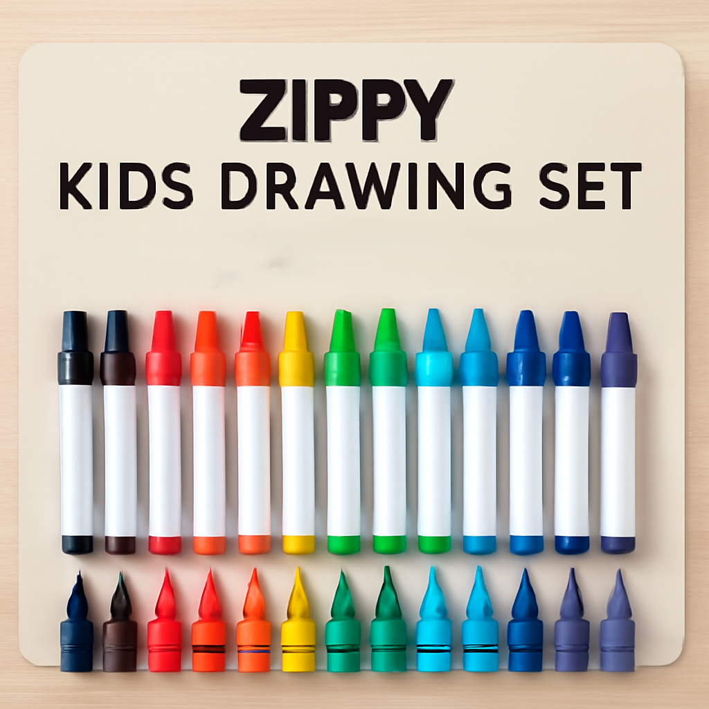 "Zippy™ Kids Drawing Set featuring non-toxic crayons and washable markers in vibrant colors, perfect for toddlers and young children to explore their creativity safely."