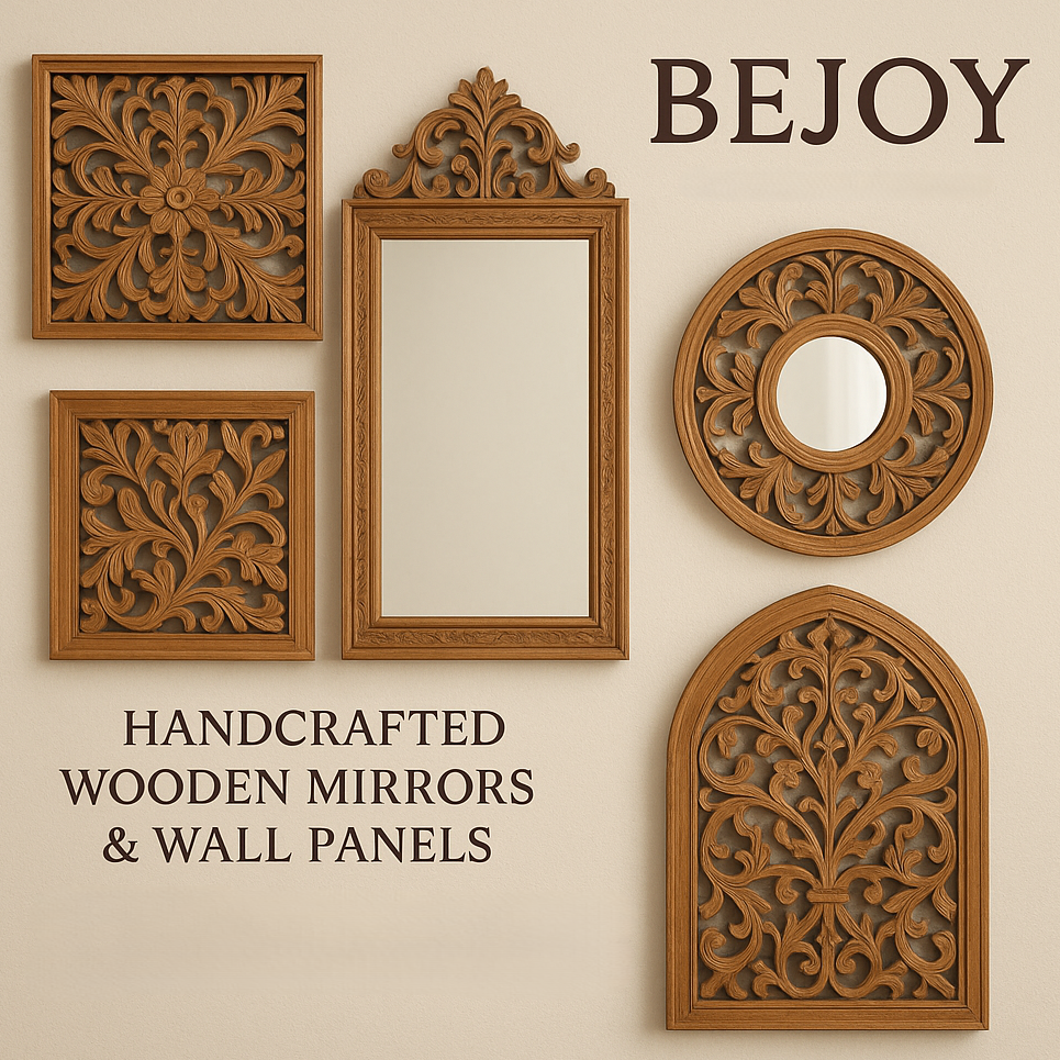 "Handcrafted Wooden Mirror with Ornate Carved Frame – Made in India by BeJoy"