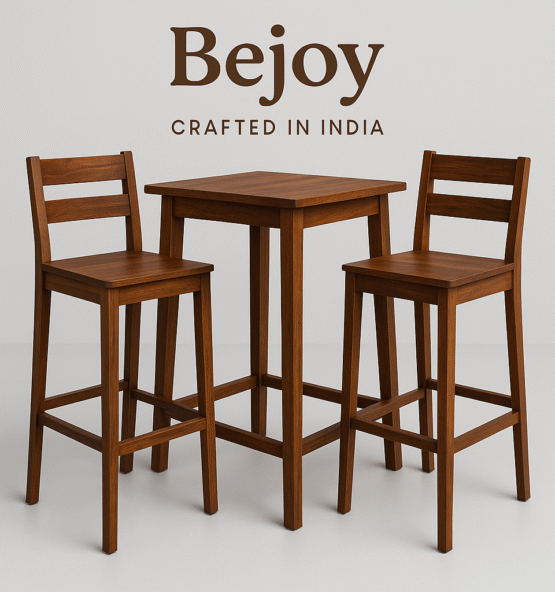 "BeJoy Solid Wood Bar Table and High Chairs Set – Premium handcrafted wood furniture for bars, restaurants, and cafes."