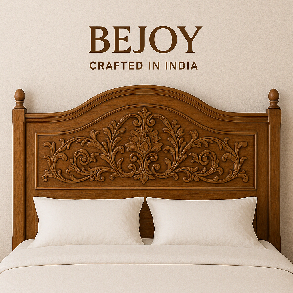 "Solid wood headboard made from Sheesham, handcrafted in India – minimalist design for luxury bedroom interiors"