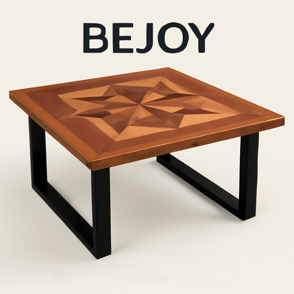 "BeJoy solid wood meeting table with geometric inlaid design in a modern conference room"