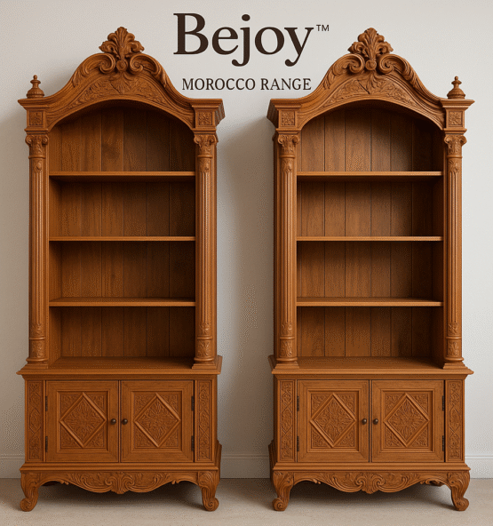 Hand-carved cedarwood bookcase with ornate floral detailing and multiple shelves