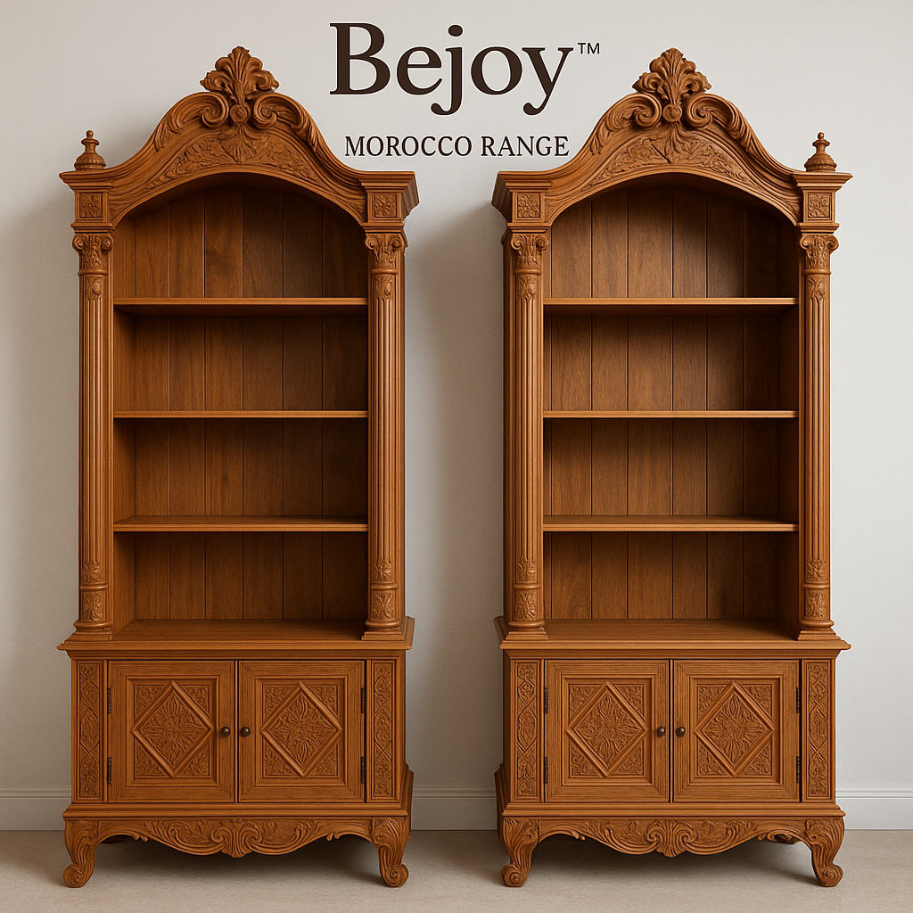Hand-carved cedarwood bookcase with ornate floral detailing and multiple shelves