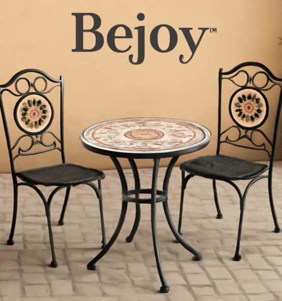 "BeJoy Outdoor Courtyard Furniture Set featuring wrought iron frame and handcrafted mosaic table, ideal for patios, gardens, cafes, and resorts."