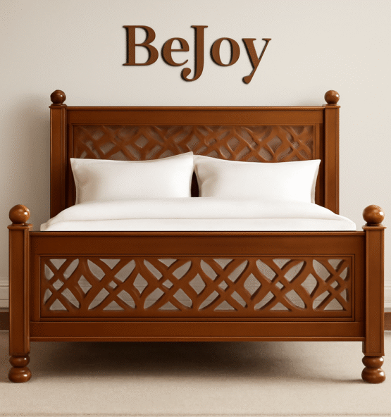 Hand-carved cedarwood bed with intricate geometric lattice headboard by BeJoy – luxury bedroom furniture