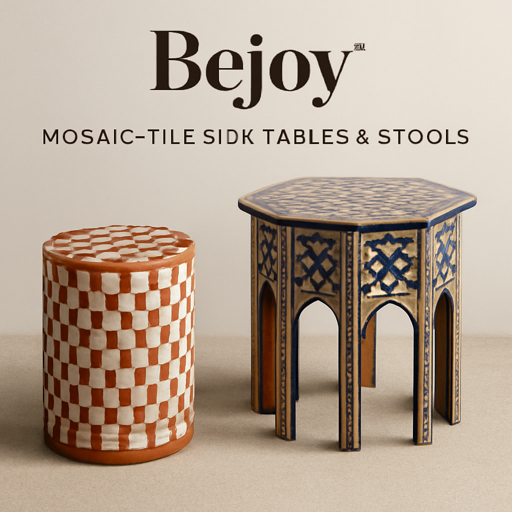 "Handcrafted mosaic-tile side table with floral ceramic inlay on solid wood base"