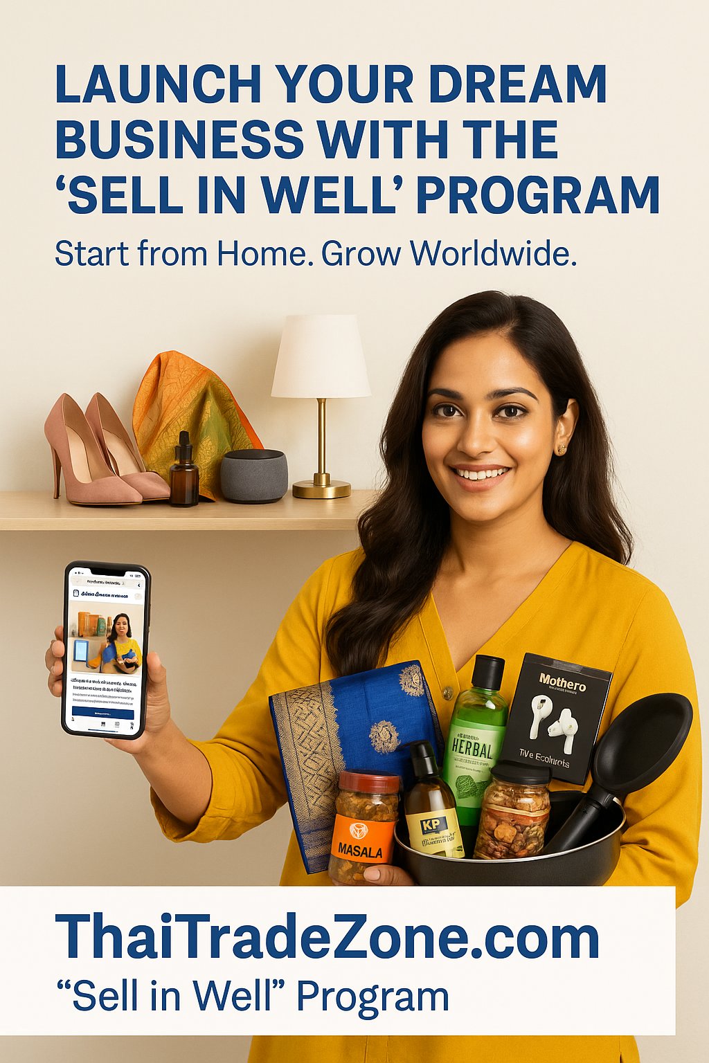 South Asian woman holding assorted ThaiTradeZone products and a smartphone promoting the โSell in Wellโ program.