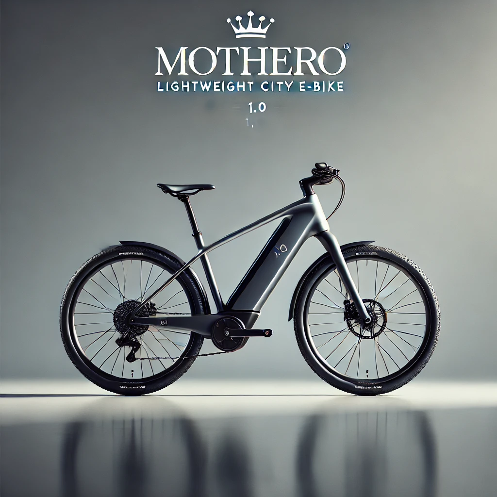 DALL·E 2025 04 22 15.59.16 A sleek modern electric city bicycle without a rider branded as Mothero Glide 1.0 – Lightweight City E Bike. The bike is presented in a clean pro 1