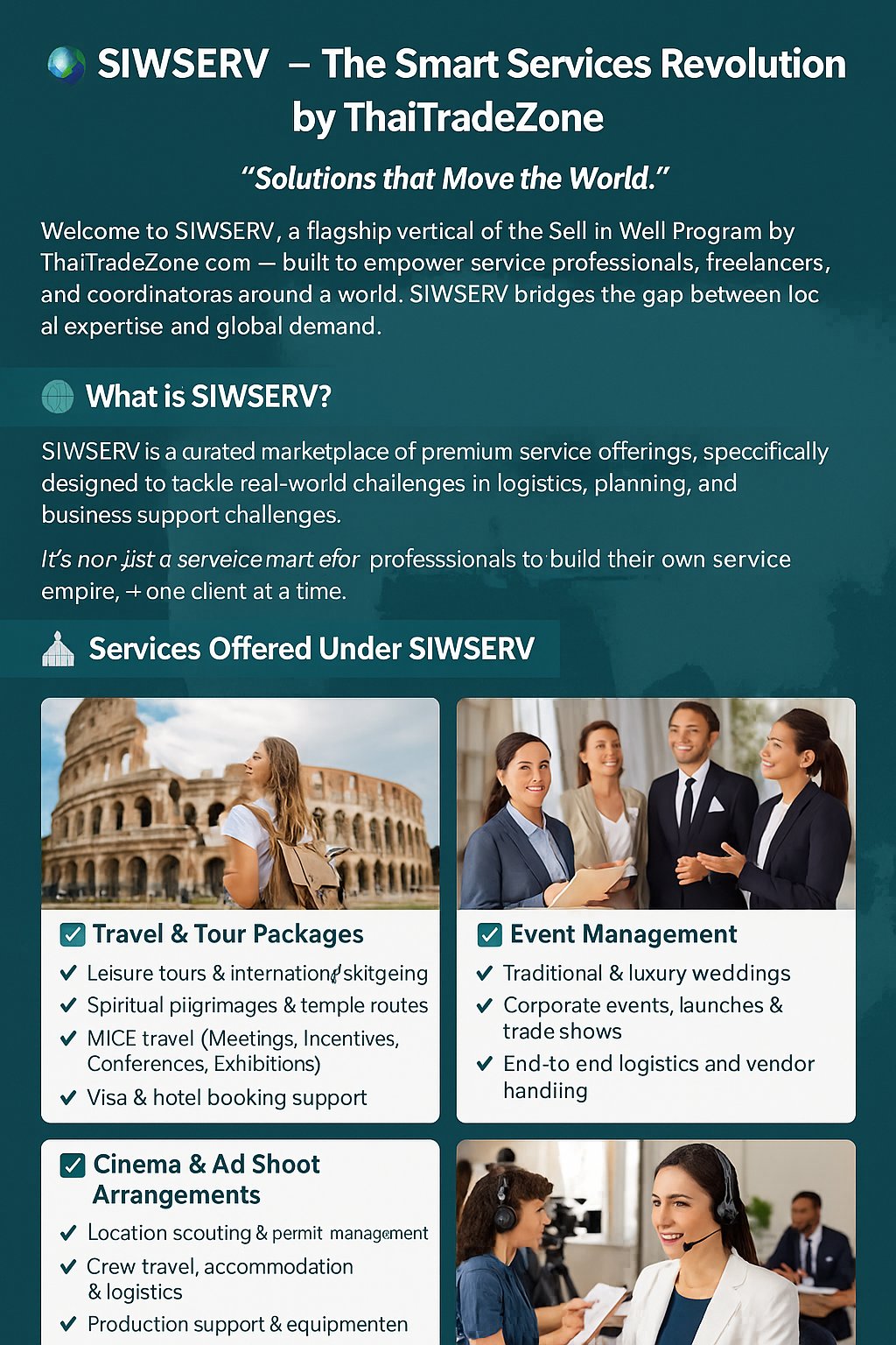 โSIWSERV promotional graphic showcasing smart global services by ThaiTradeZone including travel, events, film shoot coordination, and B2B logistics.โ