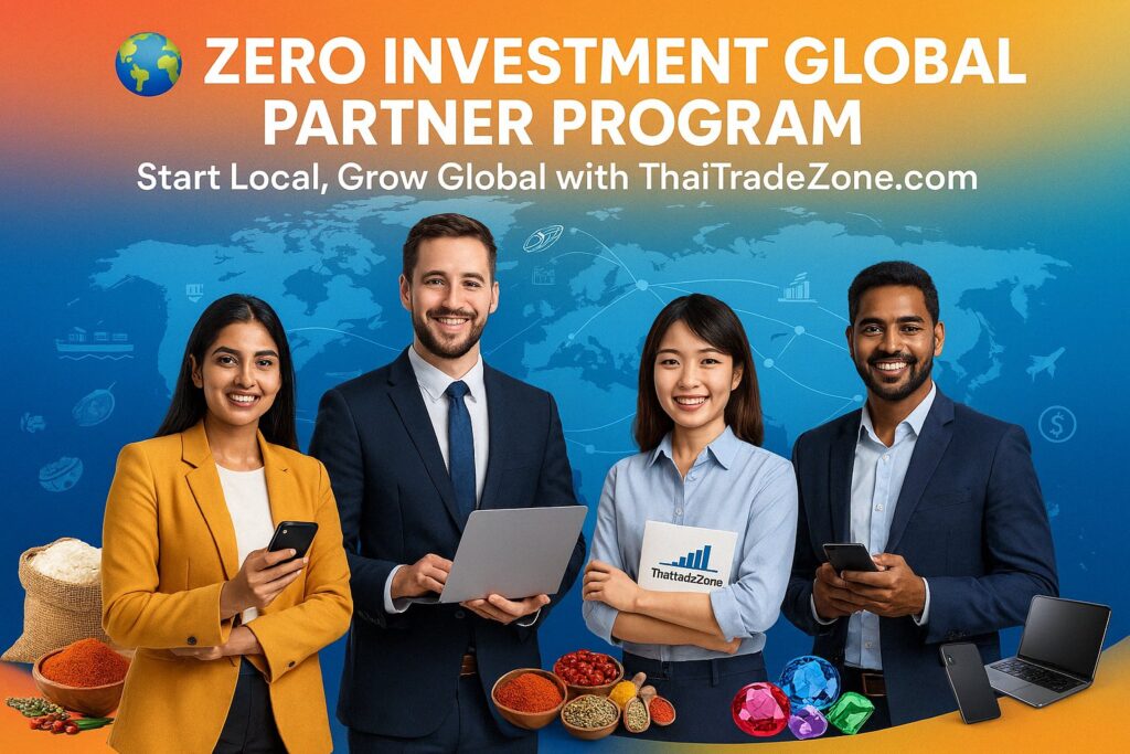 zero investment business, global affiliate program, ThaiTradeZone partner, work from home business, commission-based income, international trade opportunity, start business with no money, B2B distributor program, export import partner, digital marketing affiliate