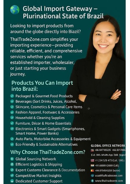 Promotional graphic for ThaiTradeZone.com showcasing global import services to Brazil, featuring a professional businesswoman, list of importable product categories including food, electronics, and fashion, contact details, and service highlights like logistics and customs support, set against a globe-themed background.
