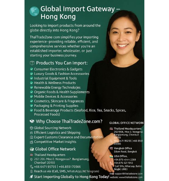 "Global product import and shipping services to Hong Kong by ThaiTradeZone"
