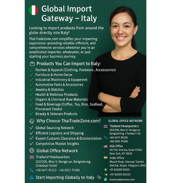 “Container ship delivering imported goods to Italy via ThaiTradeZone global logistics.”