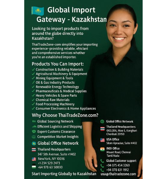 International cargo shipment and logistics services for importing products into Kazakhstan through ThaiTradeZone – global sourcing and customs clearance solutions.