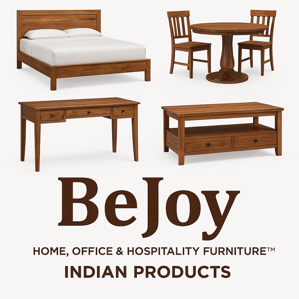 "Handcrafted Sheesham wood bed and teak wood dining table from BeJoy Indian Furniture Collection – premium, sustainable furniture for modern homes."
