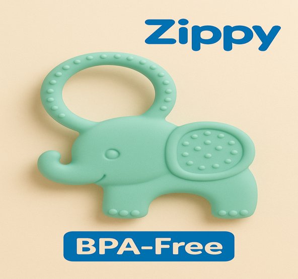 "Zippy™ BPA-Free Teether made of food-grade silicone, non-toxic, soft, and safe for babies. Designed for teething relief with textured surfaces for sensory stimulation."
