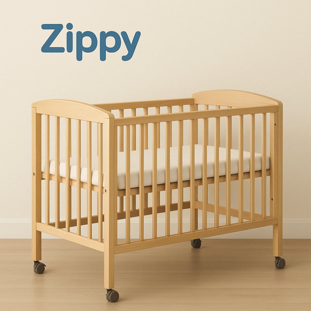 "Zippy™ Solid Wood Baby Crib with foldable design, adjustable mattress height, and non-toxic finish, offering safety and comfort for newborns."